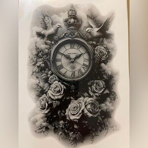 Elegant Doves Clock and Roses Realistic Temporary Fake Arm Tattoo 6” x 9” New